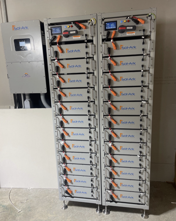 Commercial battery storage installation featuring Sol-Ark battery backup systems and inverter technology, providing reliable energy storage, backup power, and enhanced energy independence for commercial facilities.